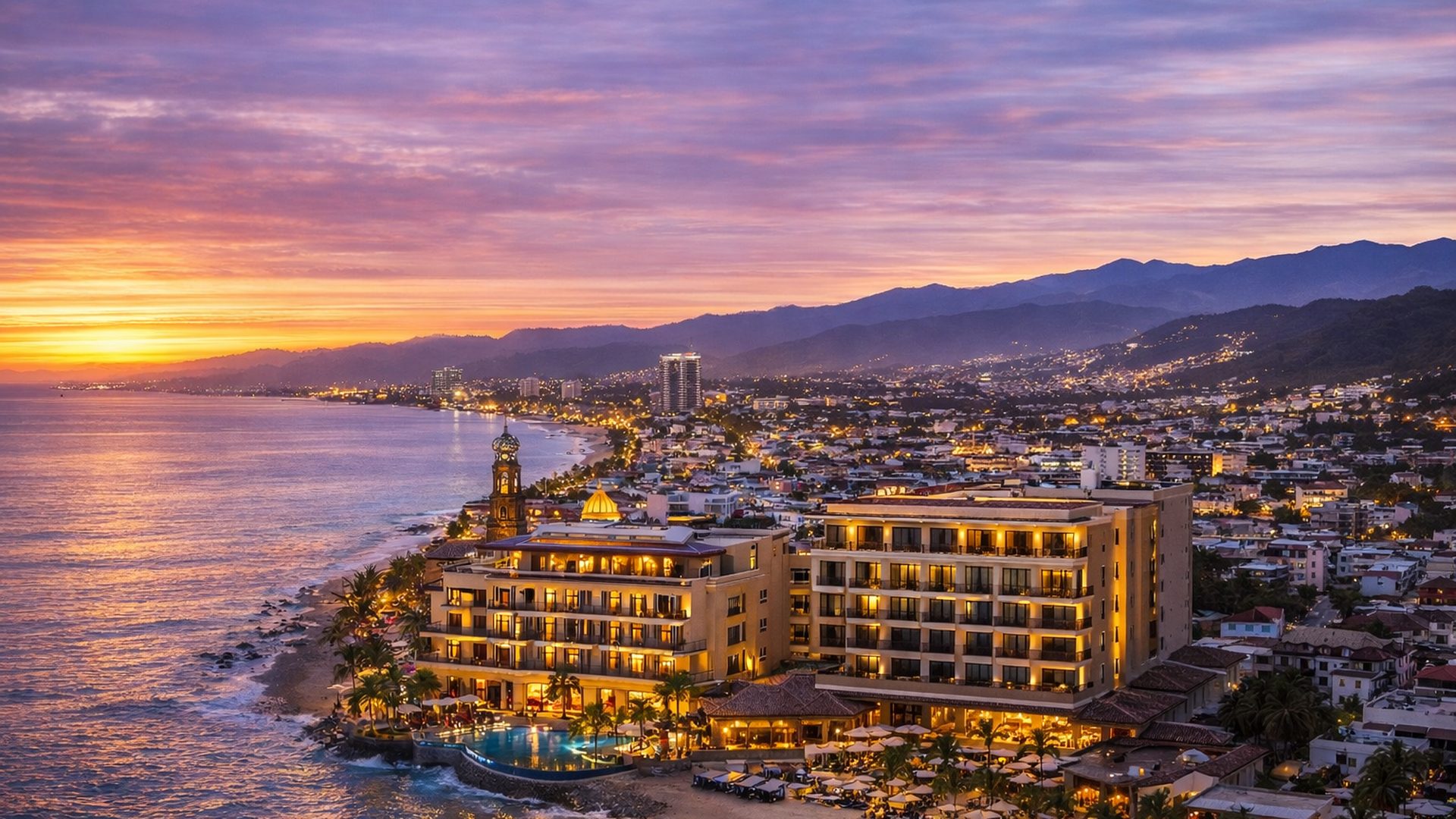 Hotel costero al atardecer